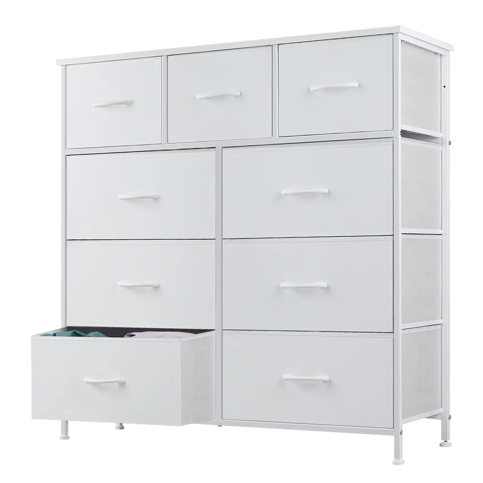 【Deal】Fabric Storage Tower with 9 Drawers, Bedroom Drawer Dresser Organizer, Chest of Drawers with Fabric Bins, Steel Frame and Wood Top