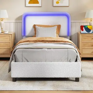 Twin Size Boucle Bed Frame, Adjustable Rounded Corners Headboard with LED Lights, Upholstered Teddy Fabric Bed Frame with Charging Station, No Box Spring Required, Easy Assembly, Beige