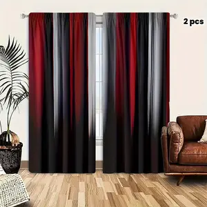 [2pcs Polyester Curtains] 2pcs Elegant Red & Black Striped Polyester Curtains | Light-Filtering, Fade-Resistant, Rod Pocket Design for Bedroom, Living Room, Office Decor, Art Deco Style, Machine Washable