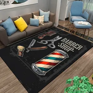 Vintage Barber Shop Tools Flannel Area Rug - Retro Barbershop Pole & Scissors Print Soft Mat for Salon & Living Room, Non-Slip Industrial Home Decor #BarberShopRug #VintageBarberMat #SalonDecor #IndustrialHomeDecor #NonSlipFlannelRug