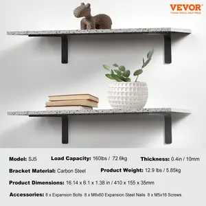 VEVOR Shelf Bracket, 16x 6 in 4 Pcs, Heavy Duty Floating Shelf Brackets, Brackets for Shelves, 10mm Thick Matte Black L Shelf Bracket, Steel Shelving Brackets with 160 lbs Load Capacity