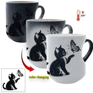 Whiskered Wonder: Color-Changing Ceramic Mug - Watch Your Cat Chase Butterflies Come to Life!Heat-Activated Color Changing Mug Magic Reveal Mug Thermosensitive Ceramic Mug, Heart Handle Mug, 11 oz/330 ml, Coffee Mug Christmas Gift for Friends