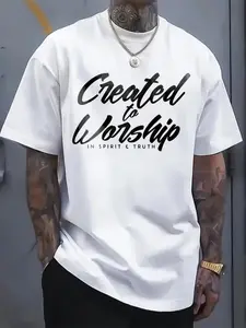 Men's 100% Cotton Oversized T-Shirt with Worship & Faith Print - White Created to Worship Cursive Lettering & Verse Design (Psalm 951) - Breathable Casual Church Outfit for All-Season Wear, Loose Fit Round Neck Tee, PLUS SIZE