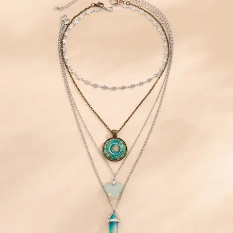 Boho Style Heart & Geometric Charm Necklace As Gifts for Girlfriend, Boho Style Jewelry, Love Heart Necklace, 2024 Trendy Star Design Chain Necklaces for Women, Women Accessories for Daily & Party Decoration, Charms Necklace