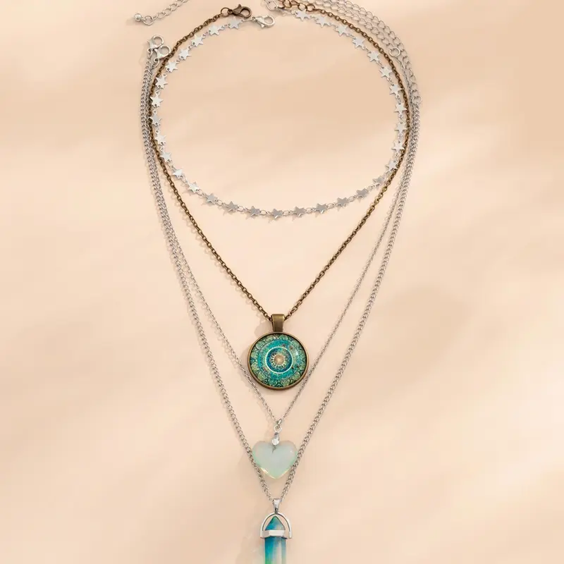 Boho Style Heart & Geometric Charm Necklace As Gifts for Girlfriend, Boho Style Jewelry, Love Heart Necklace, 2024 Trendy Star Design Chain Necklaces for Women, Women Accessories for Daily & Party Decoration, Charms Necklace