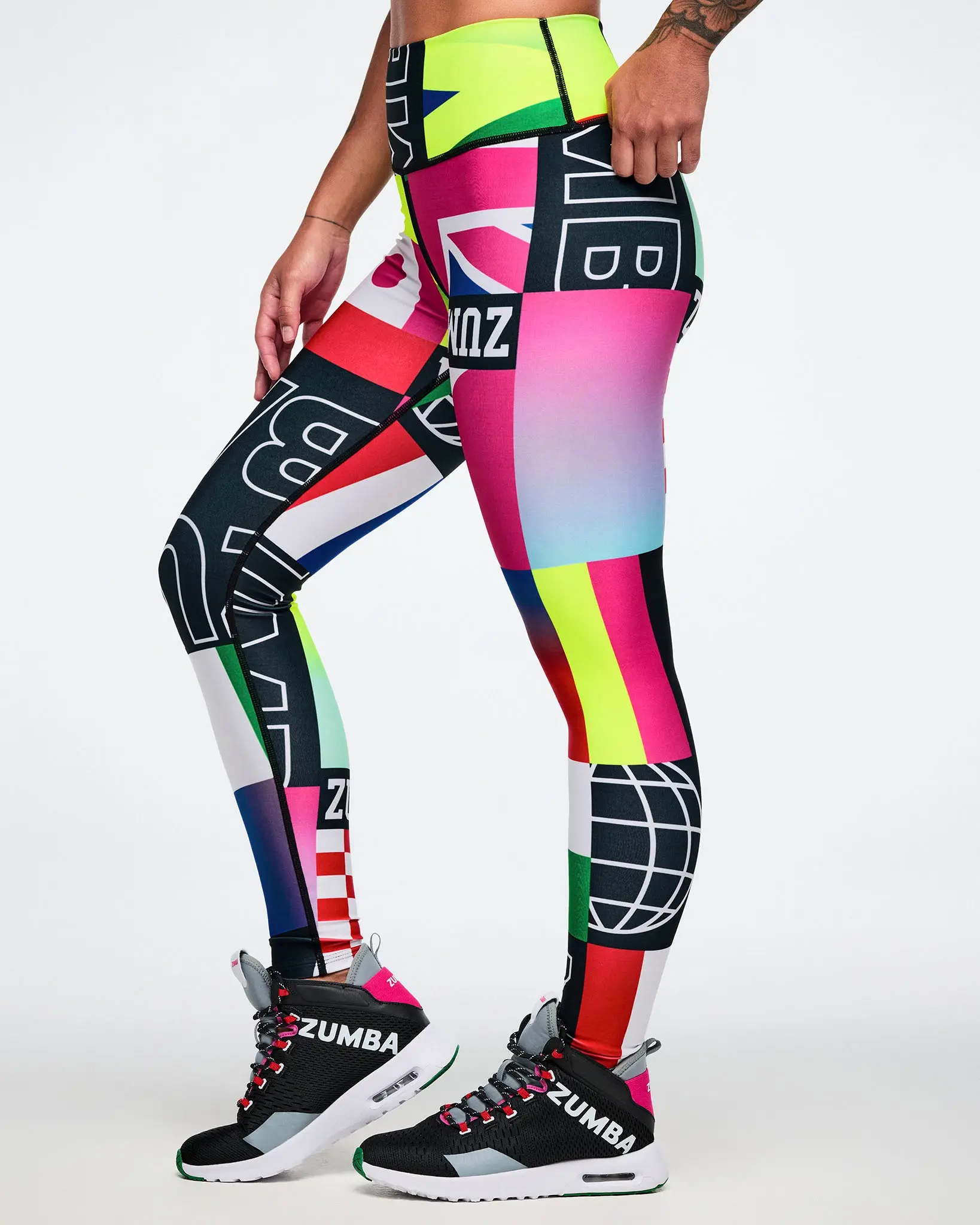 Zumba Worldwide High Waisted Compression Leggings for Women, Sporty Chic Character Graphic Ankle Length Print, High Elasticity Women's Sports Leggings, Compression Garment Women's Sports Leggings, Character Graphic Women's Sports Leggings