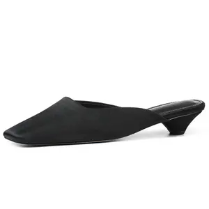 INSMIA Womens Mules, Square Toe Kitten Heel Mules, Closed Toe Slip On Backless Heels with Microfiber Upper for Office and Dress, Black/Brown/Orange/Green
