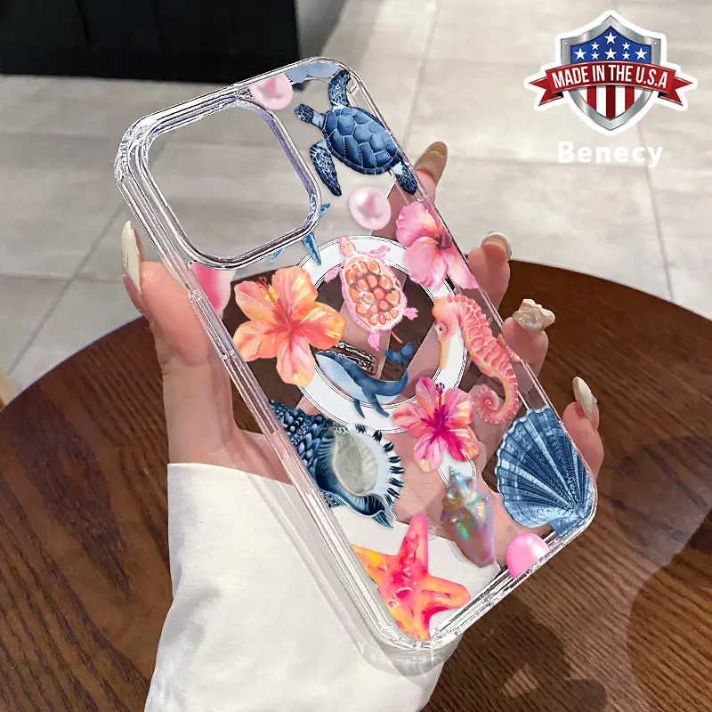 Magnetic Soft Case for iPhone 15 16 14 Pro Max 13 12 11 XR XS Plus E Oceanic Floral Medley Pattern Anti-Yellowing Shockproof ultra-thin Silicone Crystal Transparent Acrylic Large Hole Cover Supports Wireless Charging