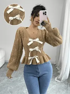 Women’s New V Neck Cable Knit Sweater with Bow Details, Long Puff Sleeve Peplum Hem Top for Casual and Stylish Looks