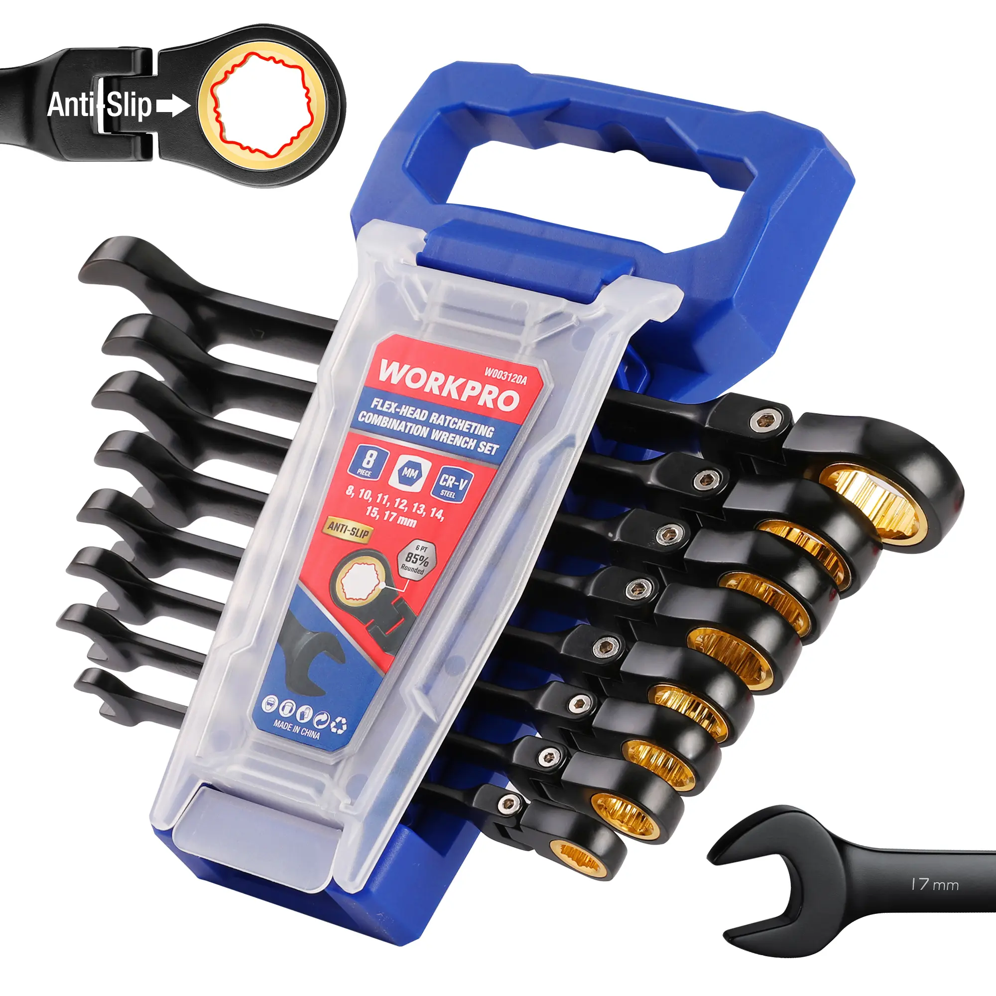 #fathersdaygift WORKPRO 8-Count Flex Head Ratcheting Wrench Set, Anti-slip Set, 72-Teeth, Cr-V Constructed, Black Electrophoretic Coating with Rack Organizer