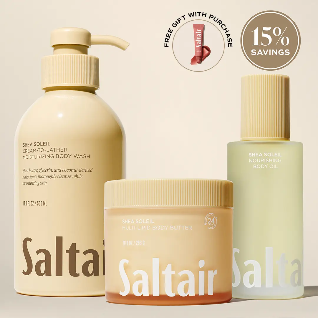 Saltair Shea Soleil Body Rituals Set - Cream-to-Lather Body Wash (17 fl oz), Nourishing Body Oil (4 fl oz) & Multi-Lipid Body Butter (10 oz) Bundle for Soft, Glowing Skin - Creamy Shea, Almond Milk, Smooth Vanilla.