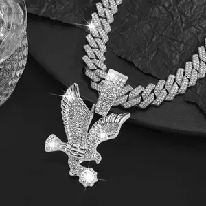 Men's Eagle Pendant Necklace - Sparkling Full Diamond Inlay, Fashionable Hip-Hop Jewelry, Exquisite Cuban Chain Design, Ideal for Trendsetters and Fashion Lovers
