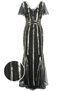 1920s Vintage Elegant Black Dress with Ruffled Sleeves, V - Neck and Sequin Embellishments for All Occasions Formal Womenswear