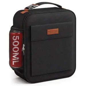 Insulated Lunch Bag M Size Black 600D Oxford Leakproof Lunch Box Tote with Mesh Pocket & Brown Leather Label for Work School Picnic