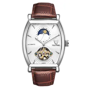 Men’s Silver Tonneau Automatic Watch with Sun-Moon Phase & Tourbillon Style, Brown Leather Strap Business Casual Wristwatch