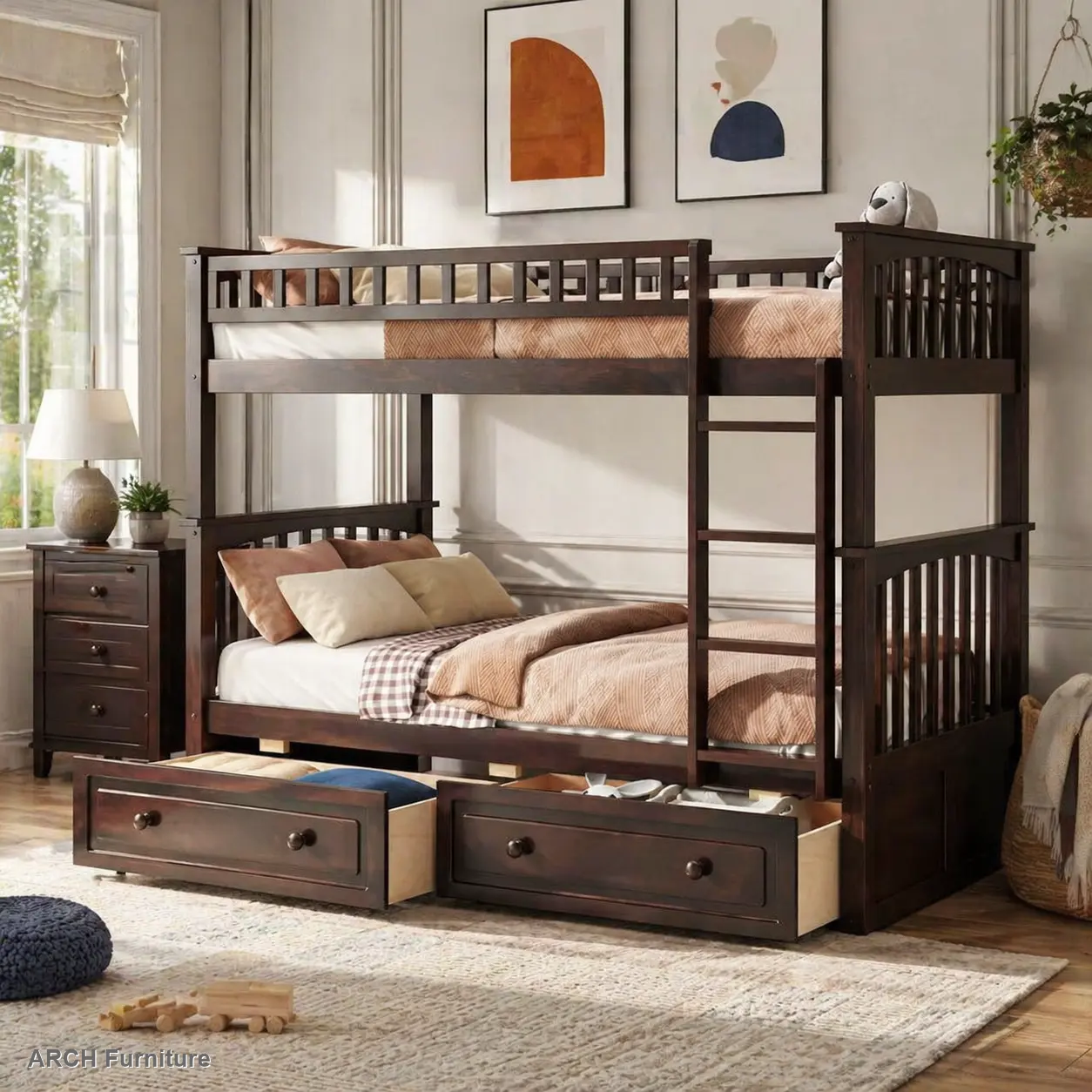 Twin-over-Twin Convertible Bunk Bed with Storage Drawers, MDF-Pine Wood-Solid Wood Construction, Espresso Finish, 400lb Upper/Down Bed Weight Capability, Easy Set-Up, Upper/Down Bed Weight Capability - 400Lb