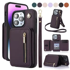 Crossbody Wallet Case for iPhone 16 15 14 13 12 Pro Max, Flip Kickstand Case with RFID Blocking Card Slot Holder,Zipper Handbag Phone Case,PU Leather iPhone