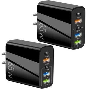 2-Pack 65W Fast Wall Charger 5-Port (3 USB-A + 2 USB-C) Multi Device Charging Block PD Quick Charge Adapter for iPhone, Samsung, Tablet