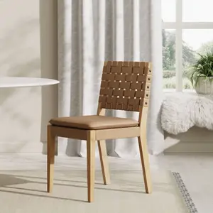 Nathan James Cohen Woven Faux Leather Dining Chair Mid-Century Modern Light Brown: Upholstered, Wood Frame, Armless