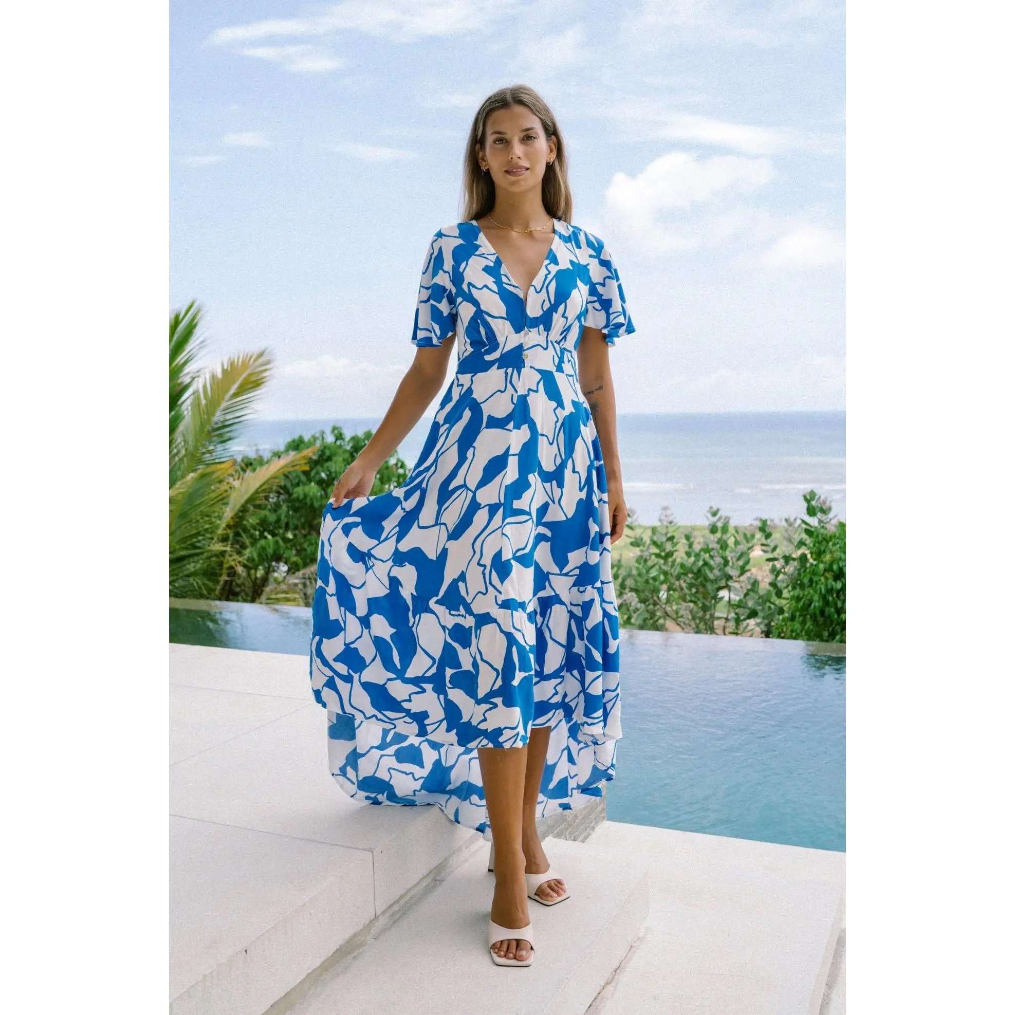 Calypso Blue Abstract High Low Maxi Dress