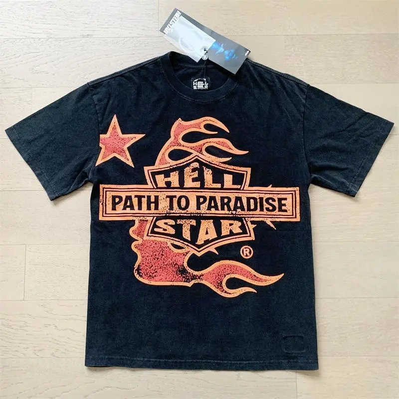 Hell Star Ins Same Vintage Printed Top Men's and Women's Casual Trend Cotton Washed Short Sleeve T-shirt Womenswear Tshirt Streetwear Summer Crewneck Oversize Hell Star Ins Same Vintage Printed Top Men's and Women's Casual Trend Cotton Washed Short Sleeve T-shirt Womenswear Tshirt Streetwear Summer Crewneck Oversize