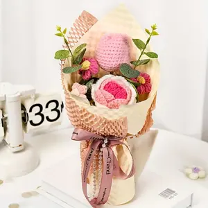 Crochet Flower Bouquet, 1 Count Artificial Rose & Tulip Bouquet with Gift Bag, Decorative Flower for Home Party Wedding Anniversary Festival
