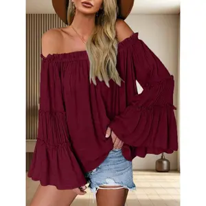 Womens Off Shoulder Blouse Long Bell Sleeve Flared Casual Loose Tops