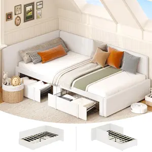 Twin Daybed with 2 Storage Drawers, Corner Velvet Sofa Bed with Extended Headboard & Guardrail, Adjustable Installation for Bedroom Guest Room, Beige