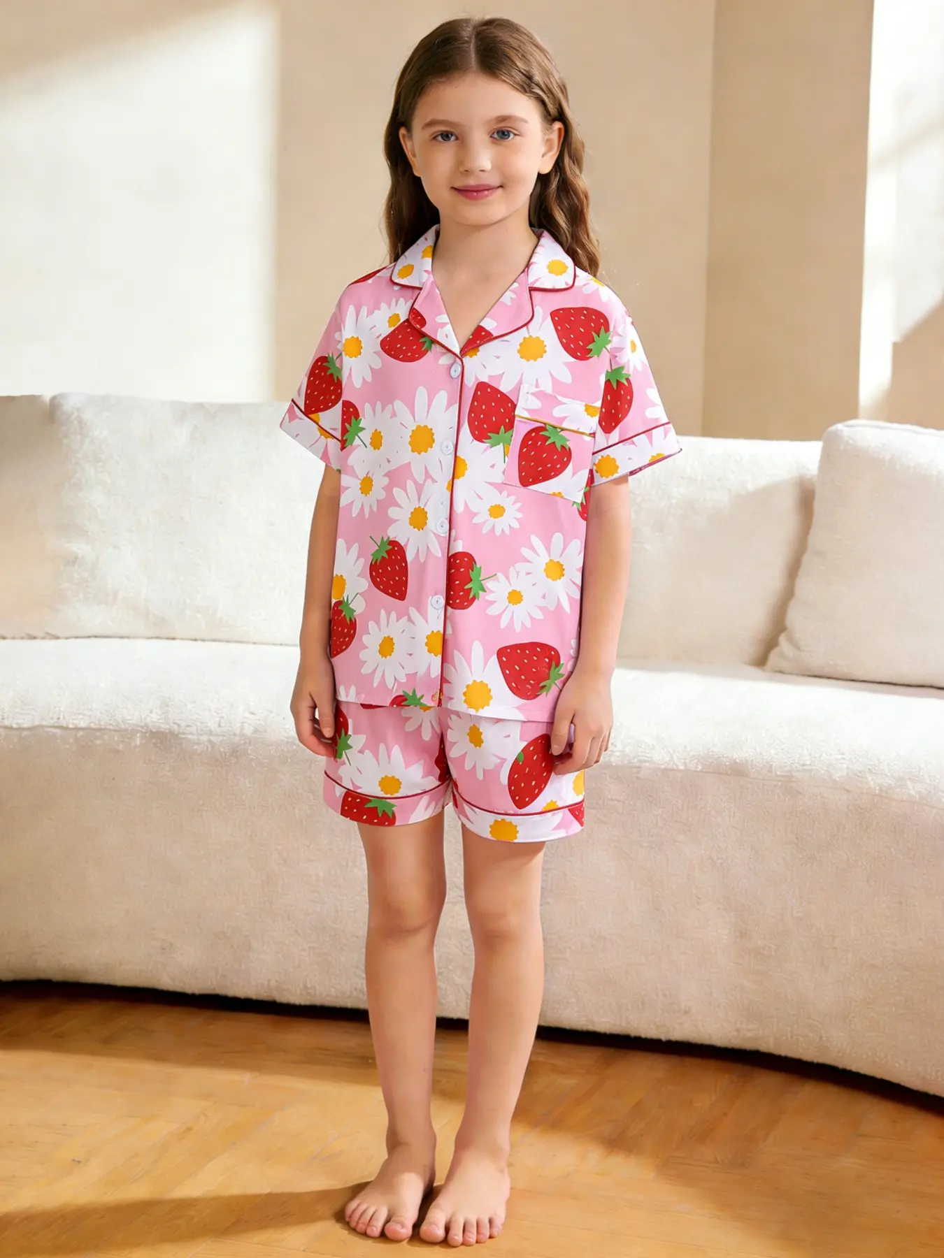 2-piece children's all over floral strawberry print pattern short sleeved shorts soft comfortable top small pocket elastic waistband for four seasons home daily leisure pajamas set, Printed Sleepwear Set, PJ Set