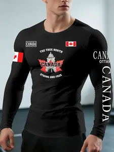 Men's Sporty Long Sleeve T-Shirt, Canadian Flag Print, Fitted H-Type, Ideal for Basketball and Running, Spring & Fall Training Gear