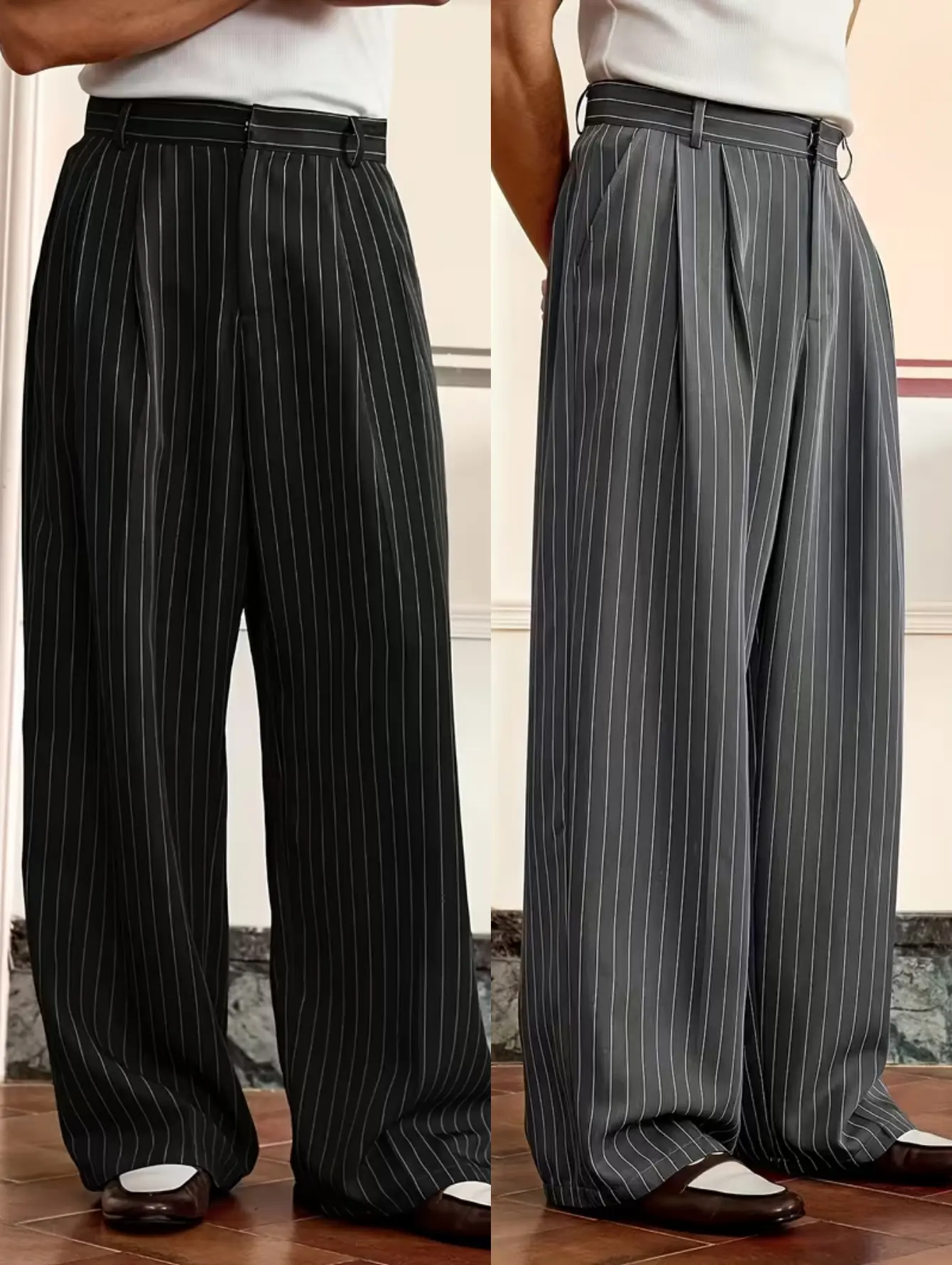 Men’s woven high-waisted wide-leg dress pants featuring a zip fly and button closure; an adjustable waistband with hook-and-eye closures and multiple pleats across the pant body; neat vertical stripes throughout; well-finished topstitching along the pant