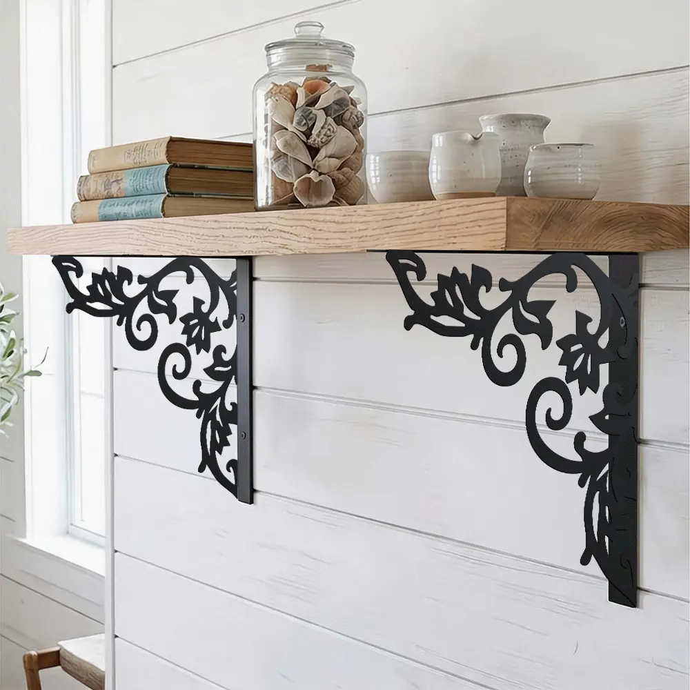 Lace-style Cutout Floating Shelf Brackets (Set of 2) — Sturdy, durable, and easy-to-install wall-mounted brackets blending Asian Zen aesthetics; suitable for storage and decorative display in kitchens, bathrooms, bedrooms, and balconies.