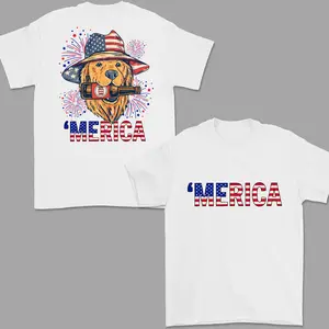 'Merica Dog 2-Sided T-Shirt, Funny Patriotic Golden Retriever Graphic Tee, 4th of July American Flag Back Print Shirt, Summer Casual Streetwear Top