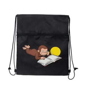 Curious George Fun - Inspired, 'Curious George' Reading Design Pure black drawstring backpack Sports Bags breathable soft tough for commute fitness storage Athletic Bag