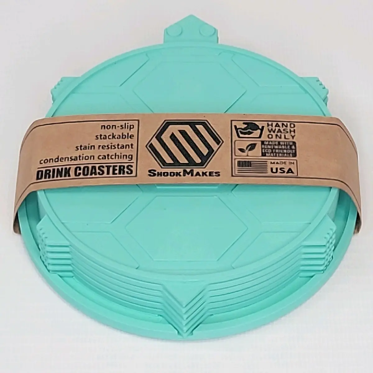 ShookMakes Turtle Drink Coasters - Set of 6 with Nonslip Cork Bottoms and Holder