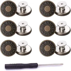 12 count Button for Sewing Metal Jeans, 17 mm No-Sew Nailess Removable Metal Jeans Buttons Replacement Repair Combo Thread Rivets and Screwdrivers
