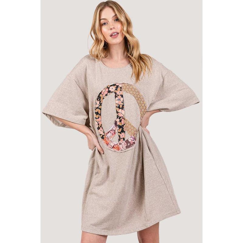 SAGE + FIG Full Size Peace Sign Applique Short Sleeve Tee Dress