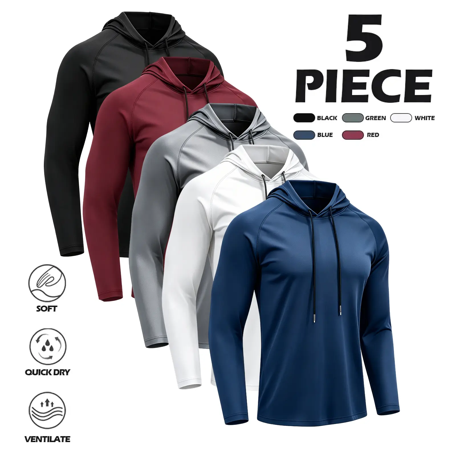5-Piece Men's Solid Color Hoodie Set, Casual Loose Fit Pullover Sweatshirts with Quick-Dry Heat Retention for Autumn-Winter Layering & Gym Wear, Hoodies
