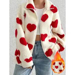 [Winter Wear for Women] Women's Warm Winter Coat - Red Heart Print Fleece Jacket, Long Sleeve Zip-Up, Machine Washable, Casual & Formal