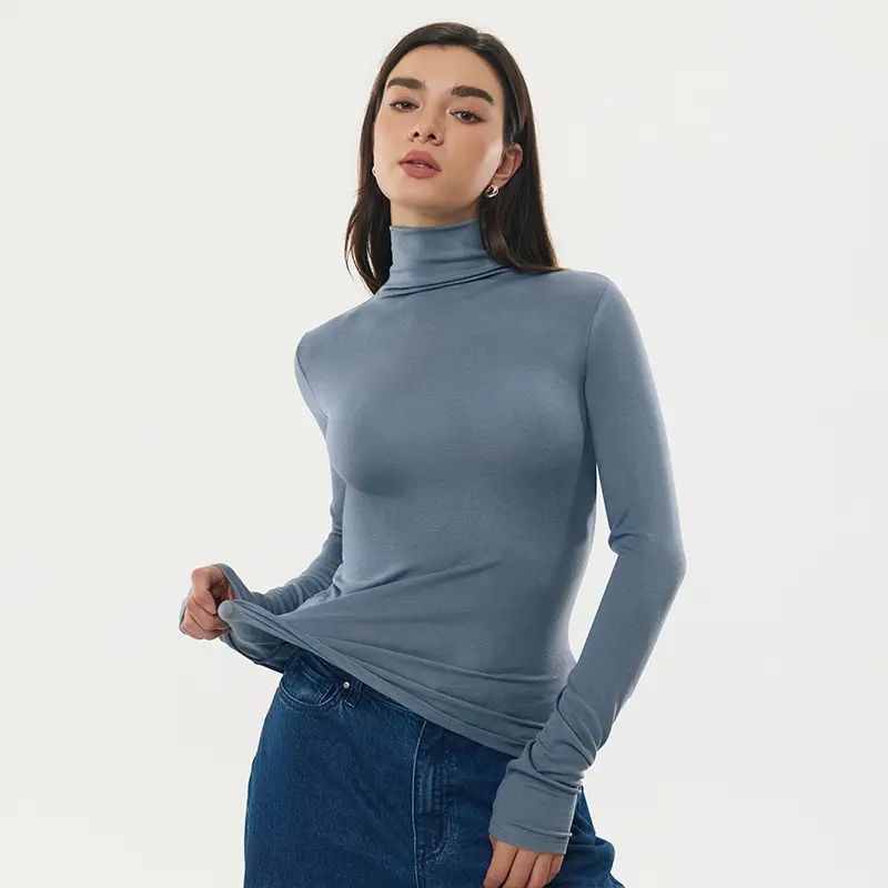 C202 Women Merino Wool Turtleneck Sweater Lightweight Soft Slim Fit Long Sleeve Spring Top