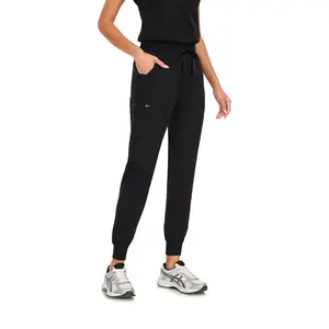 VECARDI Women's Black Scrub Jogger Pants, Stretch Comfort Medical Work Pants with Multi Pockets, High Waist Drawstring Joggers for Nurses, Doctors, Healthcare Workers