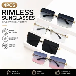 4 Pair Diamond Cut Rimless Sunglasses – Square Shape, Gradient Colors, Fashion UV Blocking Lens – Unisex Sun Glasses for Men Women – Great Gift Set for Friends, Family