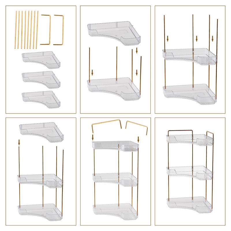 UFORU 3 Tiers Corner Bathroom Counter Organizer, Clear Countertop Shelf Storage Rack, Cosmetic Perfume Tray Standing Holder with Gold Metal Pole, Skincare Sink Organizer for Vanity Kitchen Transparent Smooth