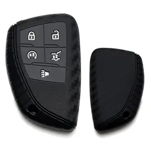 iJDMTOY Black Twill Weave Carbon Fiber Pattern Soft Silicone Key Fob Cover For 2021-up Chevrolet Suburban/Tahoe, GMC Yukon 5-Button Smart Key