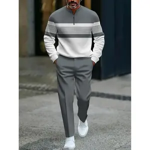 European and American men’s black and white striped two-piece athletic tracksuit | Half-neck sweatshirt | High-quality polyester fabric, wrinkle-resistant and easy to care for | Retro fashion classic street style