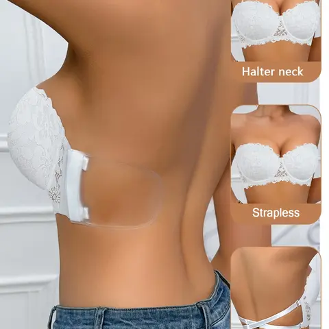 Women's Lace Backless Push-Up Bra, Underwire Support with Silicone Wings, Invisible Anti-Slip Design, Multiple Wear Options, Halter Style, Elegant Lingerie, All Seasons, Backless Bra Cups