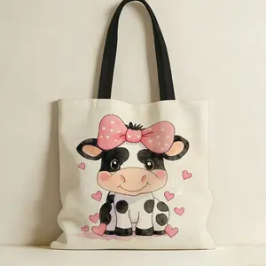 Cute Bow Cow Handbag, Watercolor Cartoon Animal Print Reusable Shopping Bag, Heart Pattern Shoulder Bag, Daily Use, Gift Idea