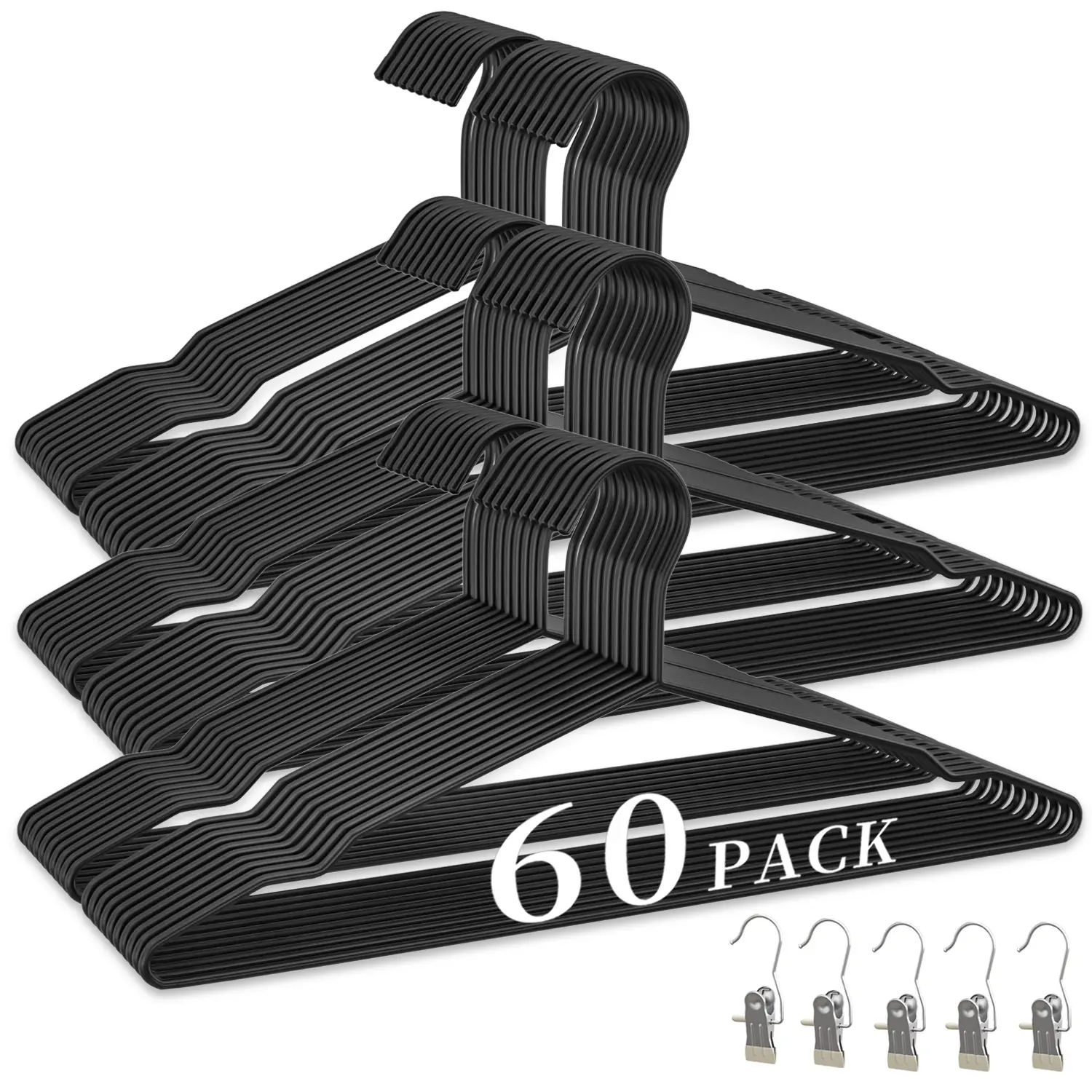 WSJYKN Durable 60-Pack 16.5in Black Metal Wire Hangers + 5 Clothes Pins, Strapless-Friendly Home Organizer for Hanging Shirts, Suits, Space-Saving Bulk Set for Household Laundry Use