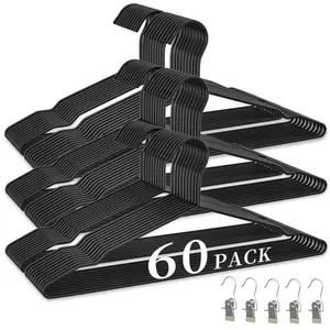 WSJYKN 60Pack Metal Wire Hangers + 5 Clothes Pins, 16.5" Black Metal Hangers for Standard Sized Shirts, Suits, Jackets & Skirts, Space-Saving Bulk Set for Home, Commercial Use