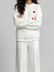 USEEN US Cute Heart Embroidery Design White Loose Knit Sweater for Women 2026 Valentine's DayNew